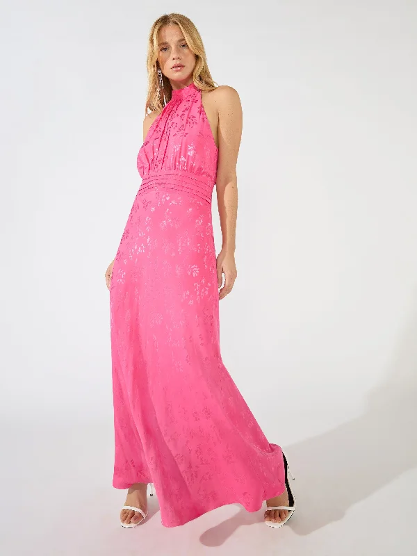 Camilla Pink Jacquard High Neck Keyhole Midi Dress Comfortable Short Sleeve Midi Dress