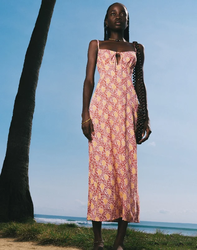 Jelika Midi Dress in Bohemian Batik Maroon Peach Trendy Smocked Waist Midi Dress