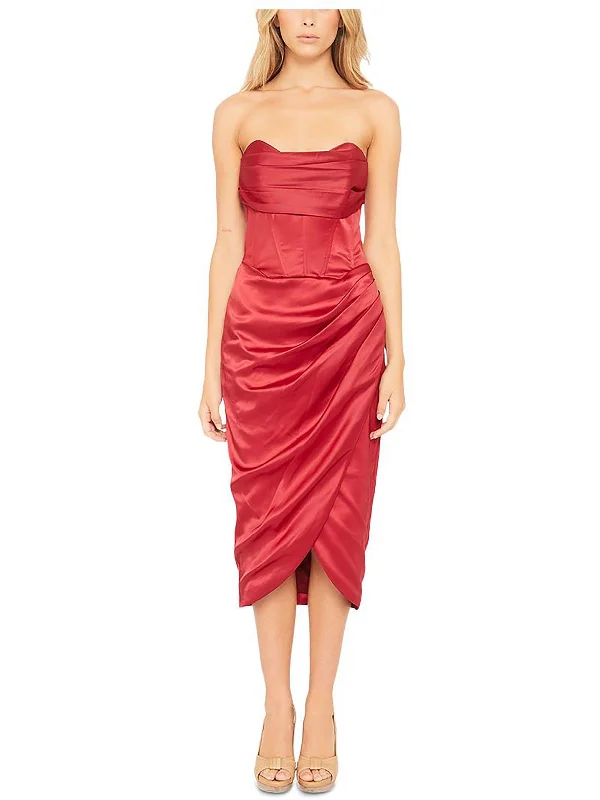 Juniors Jamila Womens Satin Strapless Midi Dress Comfortable Adjustable Strap Midi Dress