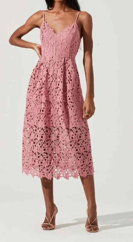 Lace A Line Midi Dress In Pink Mauve Fashionable Plaid Midi Dress