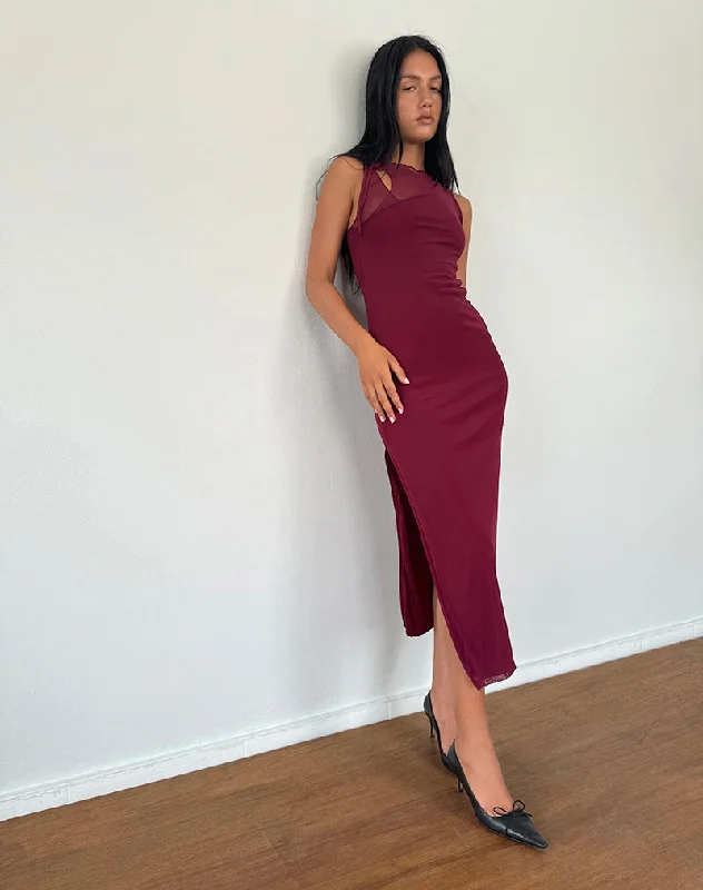 Marlo Asymmetric Midi Dress in Burgundy Trendy Midi Dress with Belt
