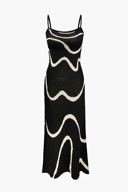 Swirl Stripe Knit Cami Midi Dress Comfortable Ruched Midi Dress