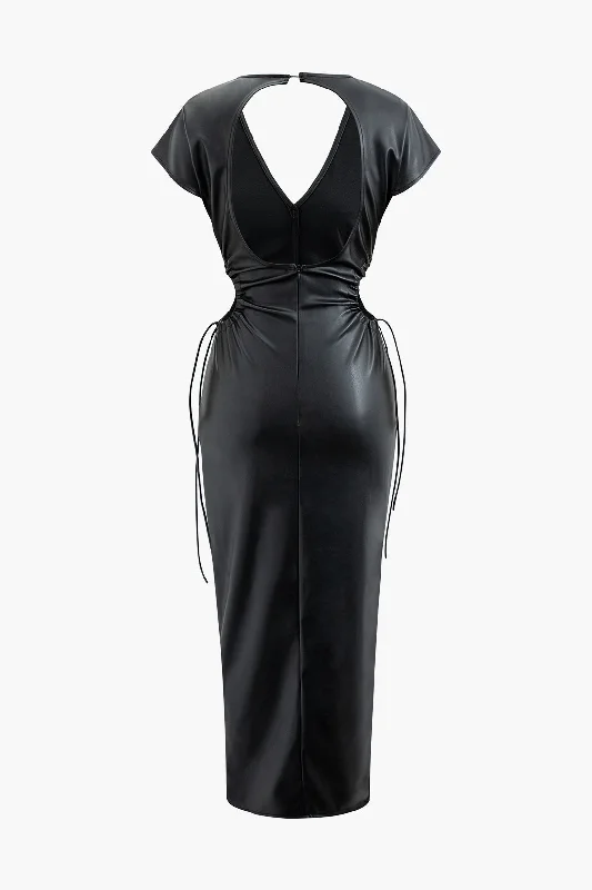 V-neck Faux Leather Cut Out Drawstring Midi Dress Comfortable Fit-and-Flare Midi Dress