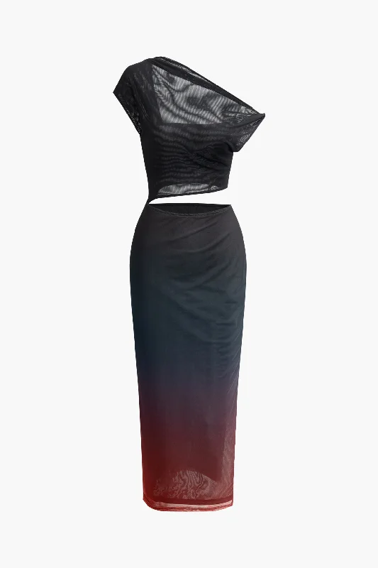 Ombre Cut Out Asymmetrical Mesh Slit Midi Dress Fashionable Fitted Midi Dress