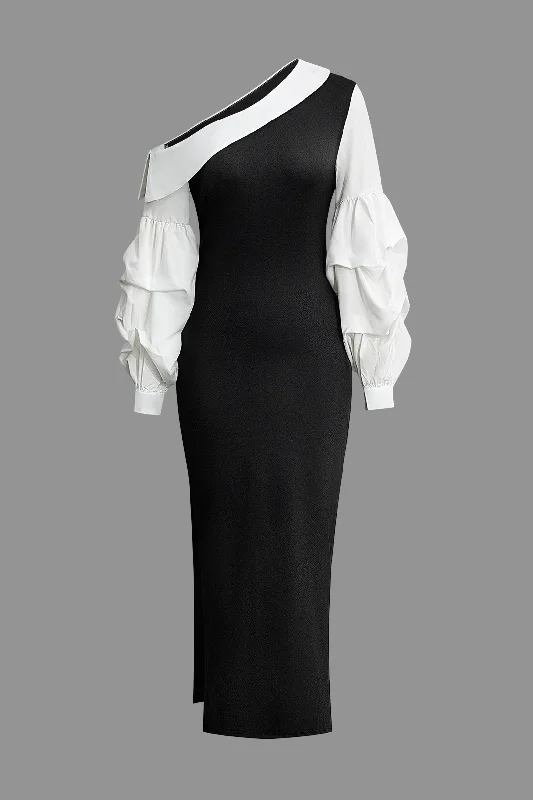 Asymmetric Lantern Sleeve Slit Midi Dress Trendy Smocked Detail Midi Dress