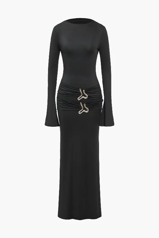 Metal Detail Ruched Long Sleeve Midi Dress Comfortable Denim Midi Dress