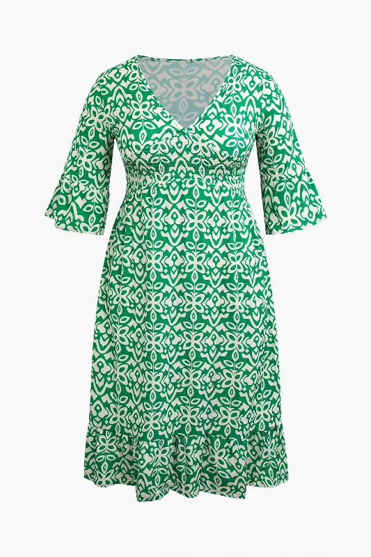 Plus Size Pattern V-neck Midi Dress Fashionable Casual Midi Dress
