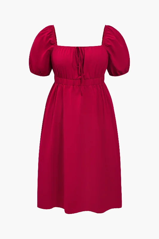 Plus Size Solid Ruched Square Neck Midi Dress Trendy Fit-and-Flare Midi Dress