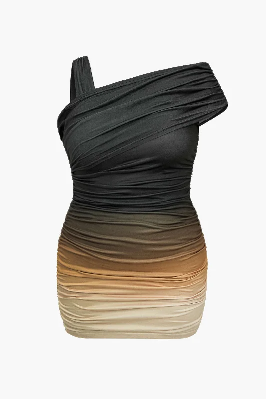 Plus Size Ombre Print Asymmetrical Ruched Midi Dress Stylish Pleated Skirt Midi Dress