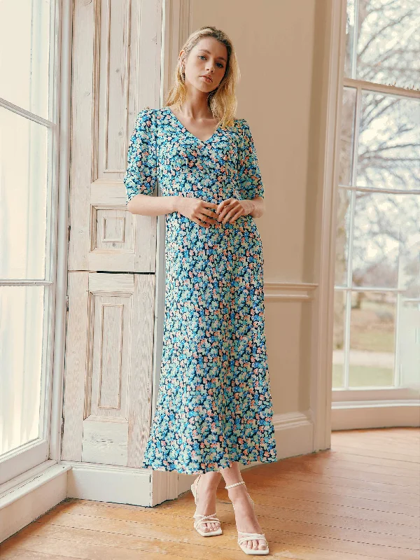 Multi Blurred Daisy Print V-Neck Midi Dress Cozy Spaghetti Strap Midi Dress