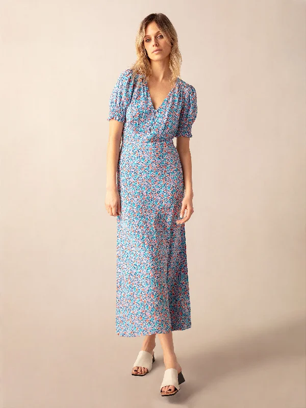 Multi Ditsy Print Shirred Cuff Midi Dress Elegant Sleeveless Midi Dress