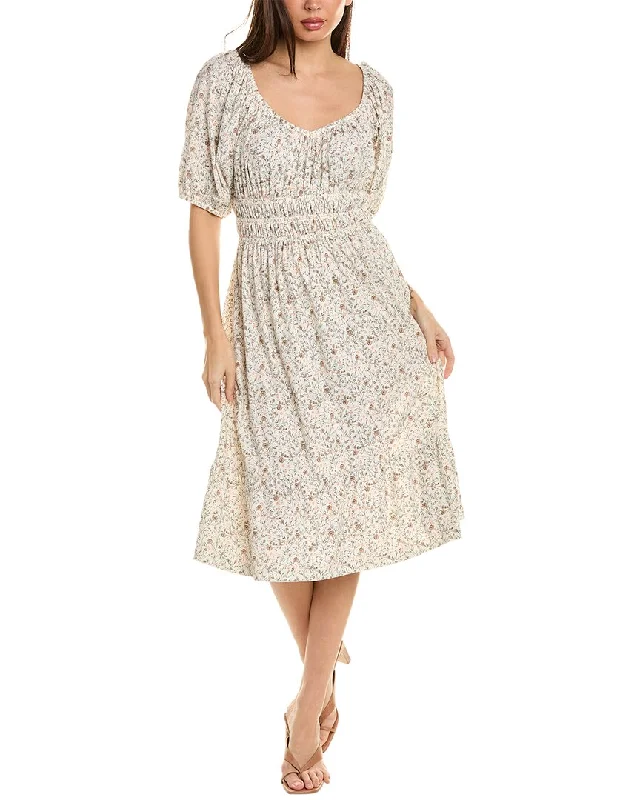 Nation LTD Fabia Shirred Midi Dress Trendy Off-Shoulder Button Midi Dress