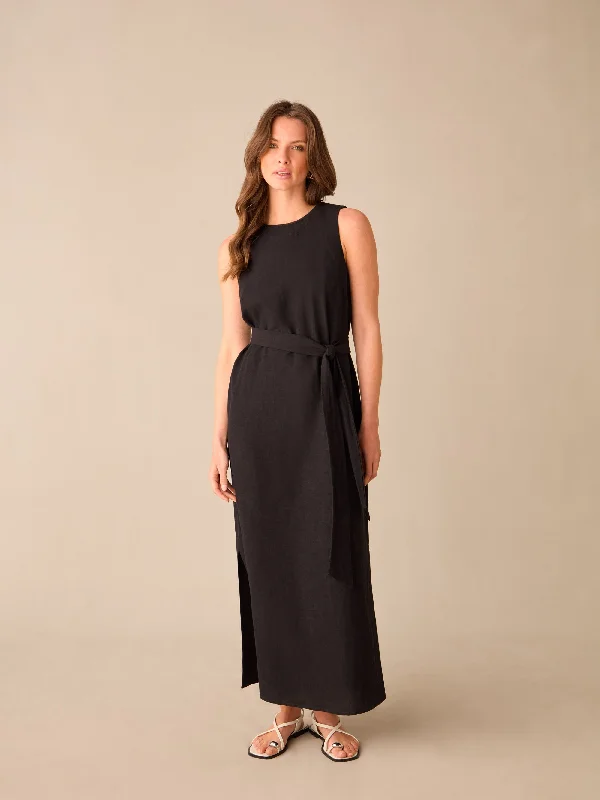 Petite Black Linen-blend Tie Waist Column Midi Dress Stylish Color Block Midi Dress
