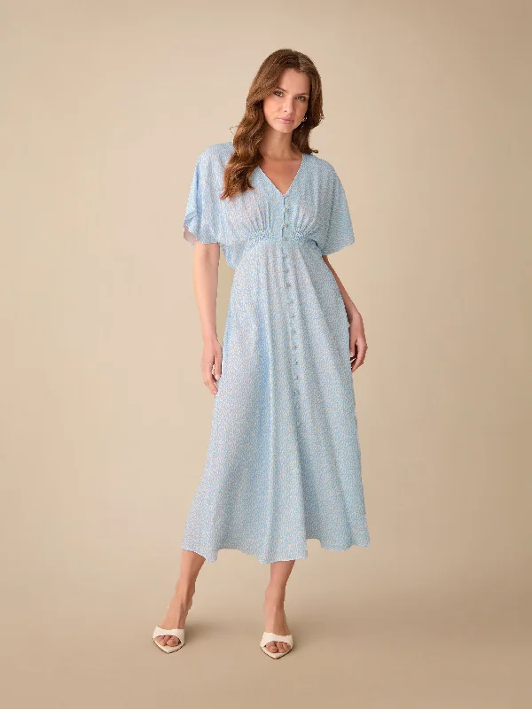 Petite Blue Squiggle Print Button Through Midi Dress Fashionable Pleated Midi Dress