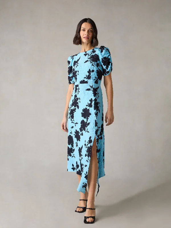 Petite Luna Blue Shadow Floral Print Midi Dress Trendy Boho Midi Dress