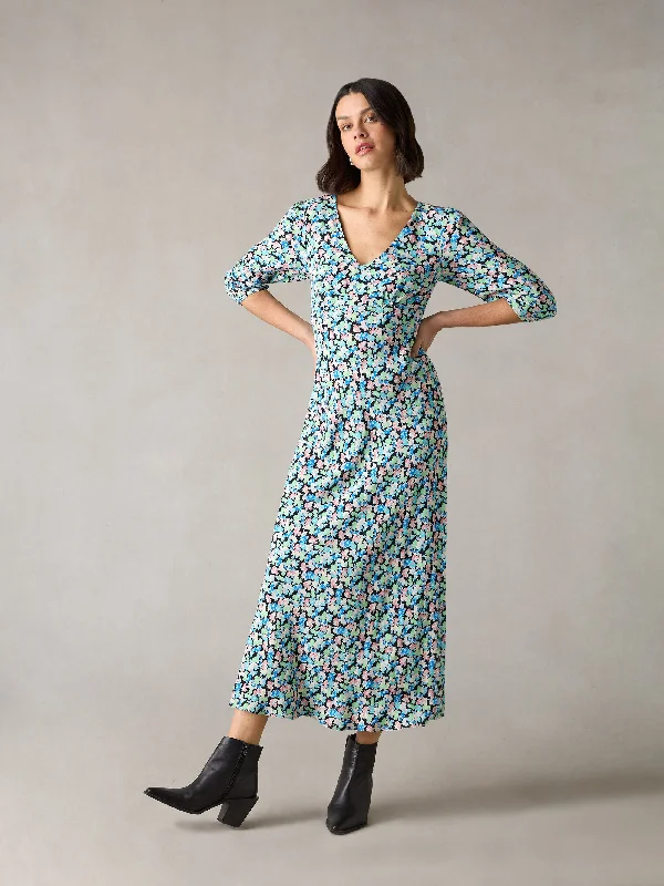 Petite Multi Blurred Daisy Print V-Neck Midi Dress Comfortable Ribbed Midi Dress