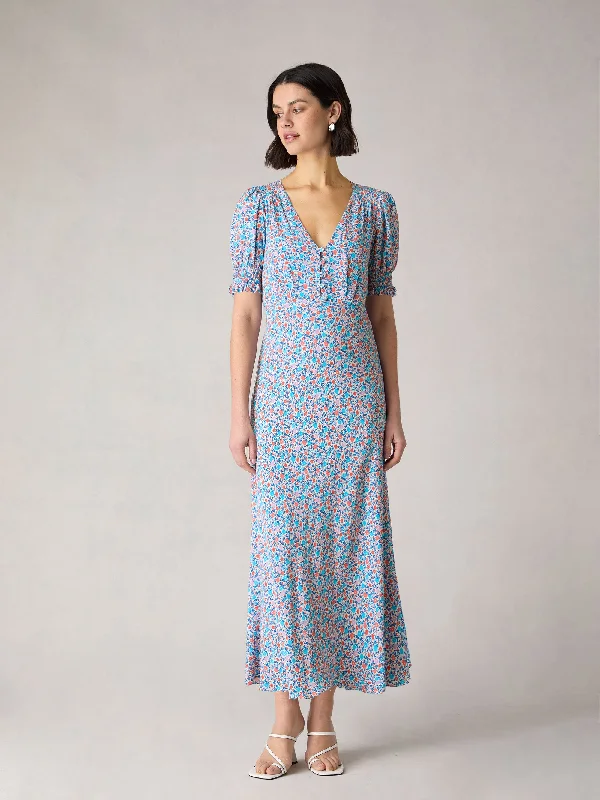 Petite Multi Ditsy Print Shirred Cuff Midi Dress Stylish Vintage Midi Dress