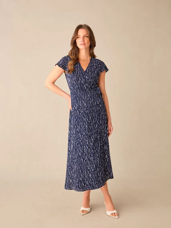 Petite Navy Dash Print Wrap Midi Dress Fashionable Sheer Sleeve Midi Dress