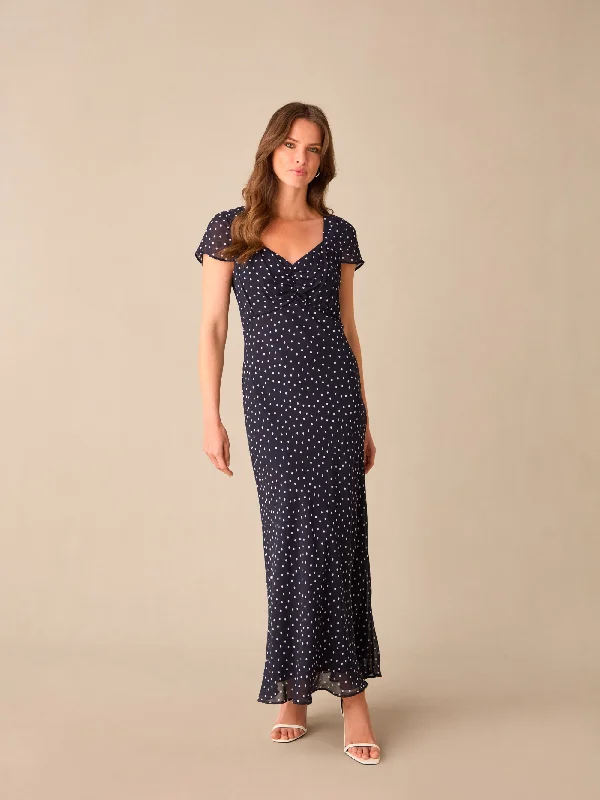 Petite Navy Spot Print Sweetheart Neckline Midi Dress Elegant Floral Appliqué Midi Dress