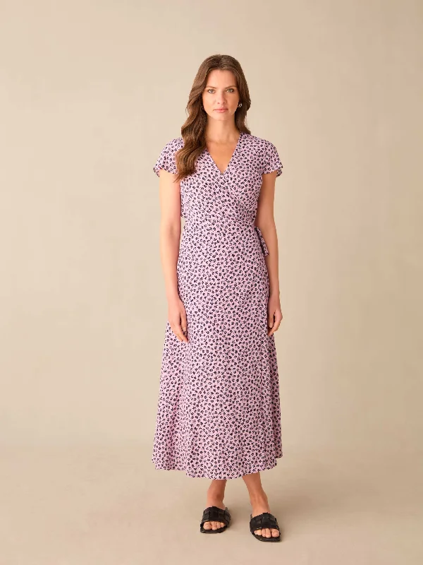 Petite Pink Ditsy Print Wrap Midi Dress Comfortable Knitwear Midi Dress