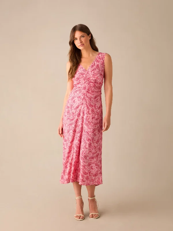 Petite Pink Paisley Ruched Front V-Neck Midi Dress Trendy Square Neck Midi Dress