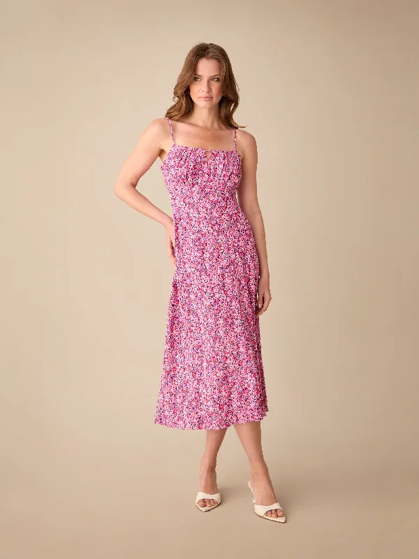 Petite Pink Ditsy Print Keyhole Front Midi Dress Elegant Lace Trim Midi Dress