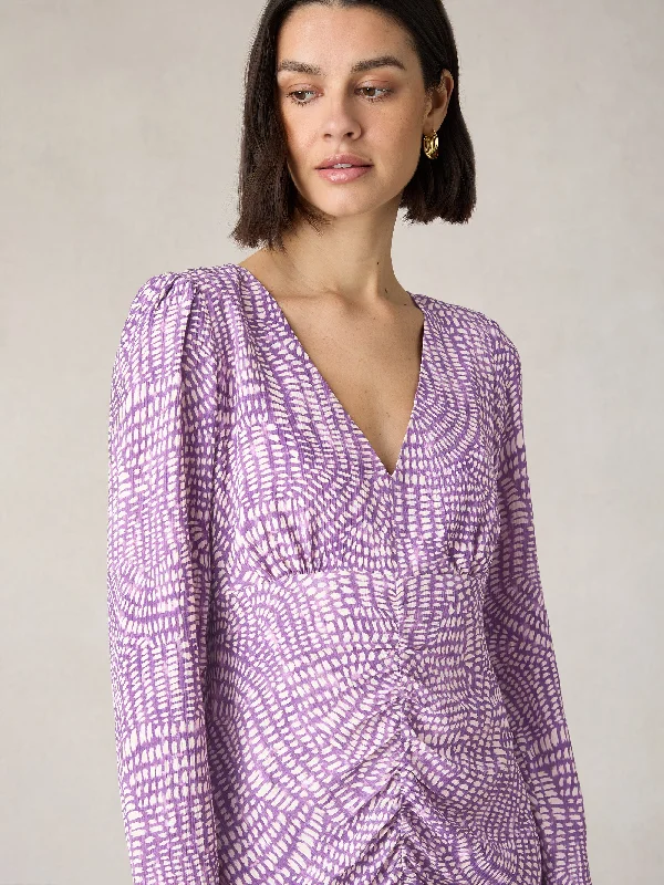 Petite Purple Geo Print Ruched Front Midi Dress Fashionable Fitted Midi Dress