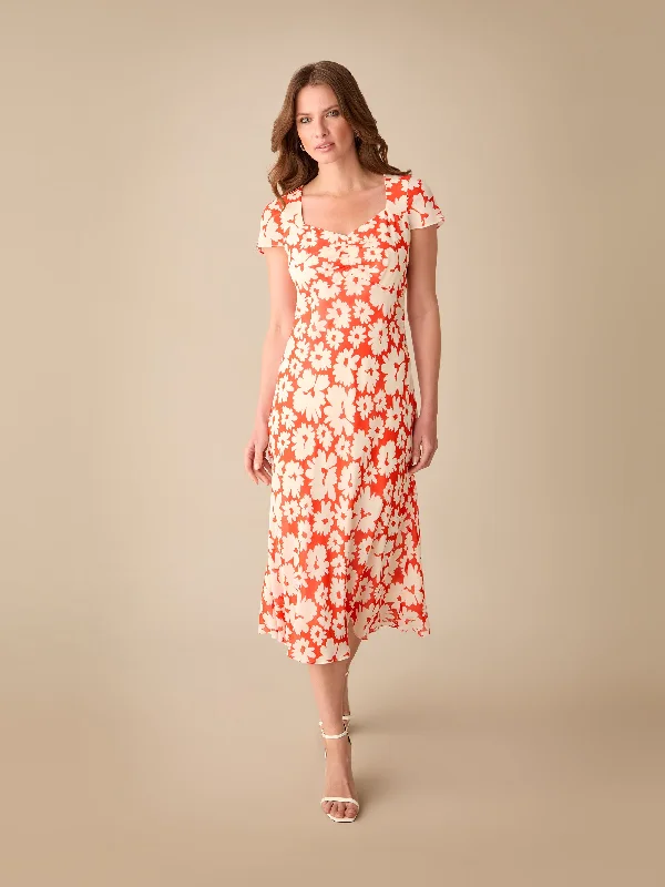 Petite Red Daisy Print Sweetheart Neckline Midi Dress Cozy A-Line Midi Dress