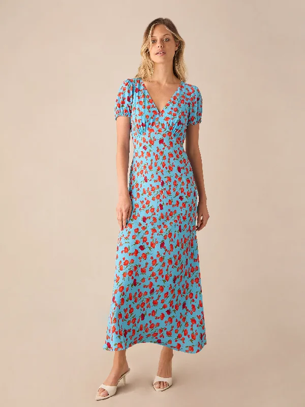 Petite Red Tulip Print Puff Sleeve Midi Dress Trendy Off-Shoulder Ruffle Midi Dress