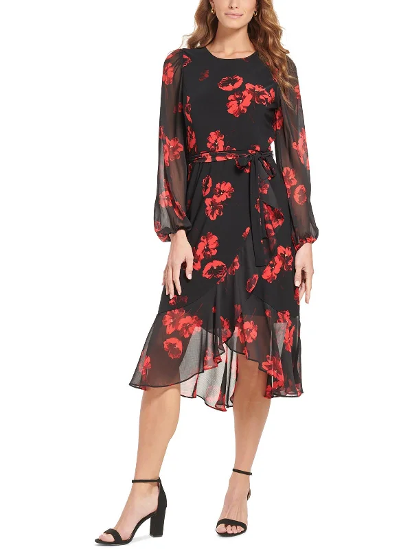 Petites Womens Floral Print Calf Midi Dress Trendy Mock Neck Midi Dress