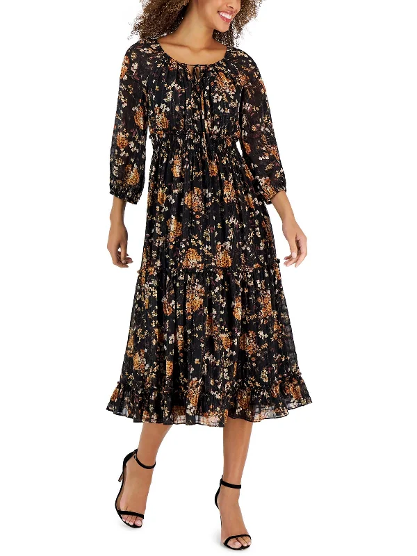 Petites Womens Printed Smocked Midi Dress Elegant Puff Sleeve Midi Dress
