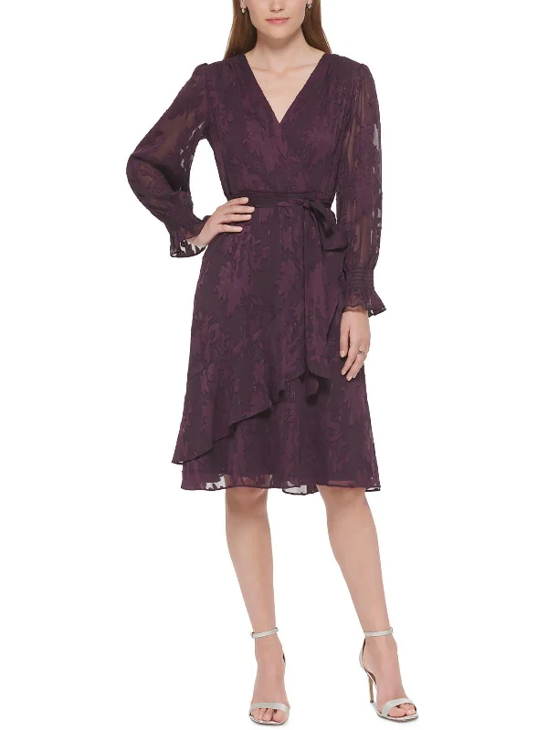 Petites Womens Ruffled Calf Midi Dress Elegant Pleated Sleeve Midi Dress