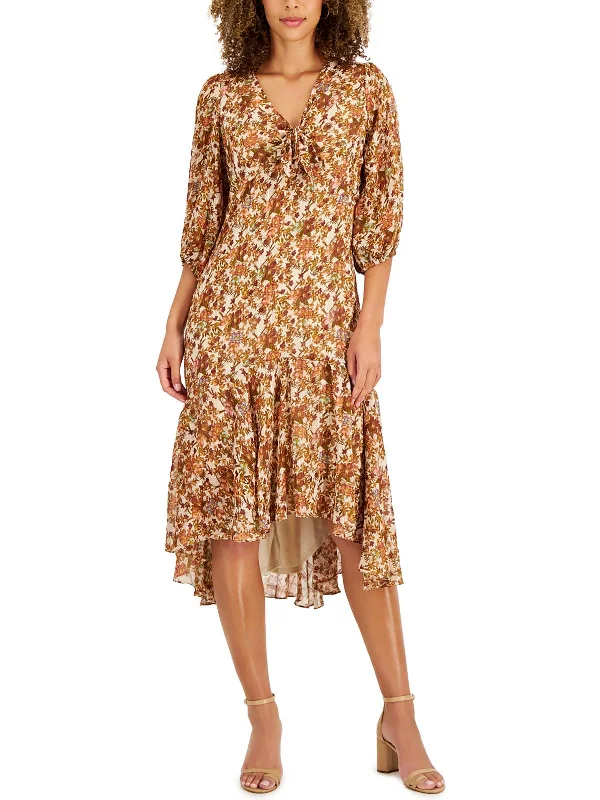 Petites Womens V-Neck Calf Midi Dress Cozy Ribbed Knit Midi Dress