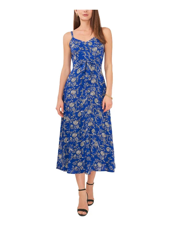 Petites Womens V-Neck Tea Midi Dress Elegant Satin Midi Dress