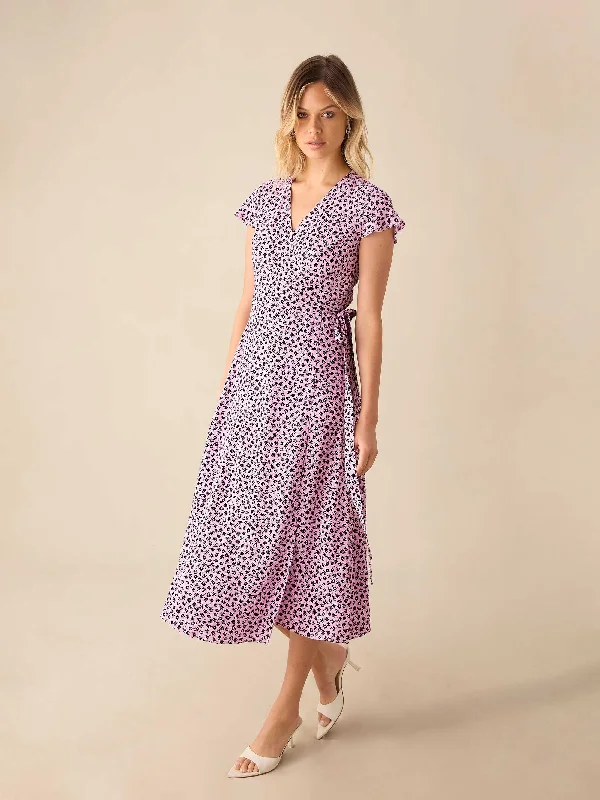 Pink Ditsy Print Wrap Midi Dress Elegant Lace Trim Midi Dress