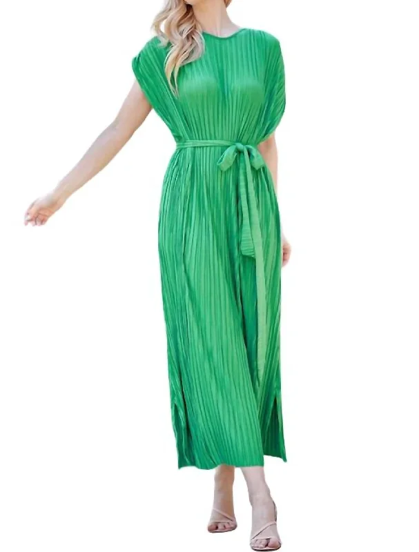 Plisse Midi Dress In Green Comfortable Fit-and-Flare Midi Dress