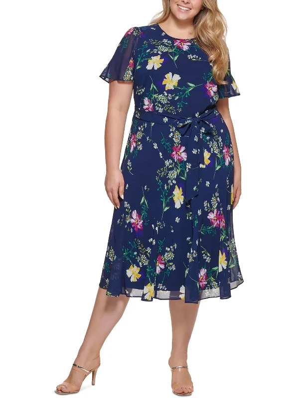 Plus Womens Floral Print Midi Dress Trendy Off-Shoulder Ruffle Midi Dress