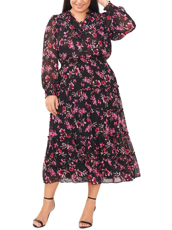 Plus Womens Floral Tiered Midi Dress Stylish Midi Dress with Cuffs