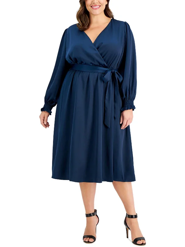 Plus Womens Satin Faux Wrap Midi Dress Trendy Smocked Detail Midi Dress