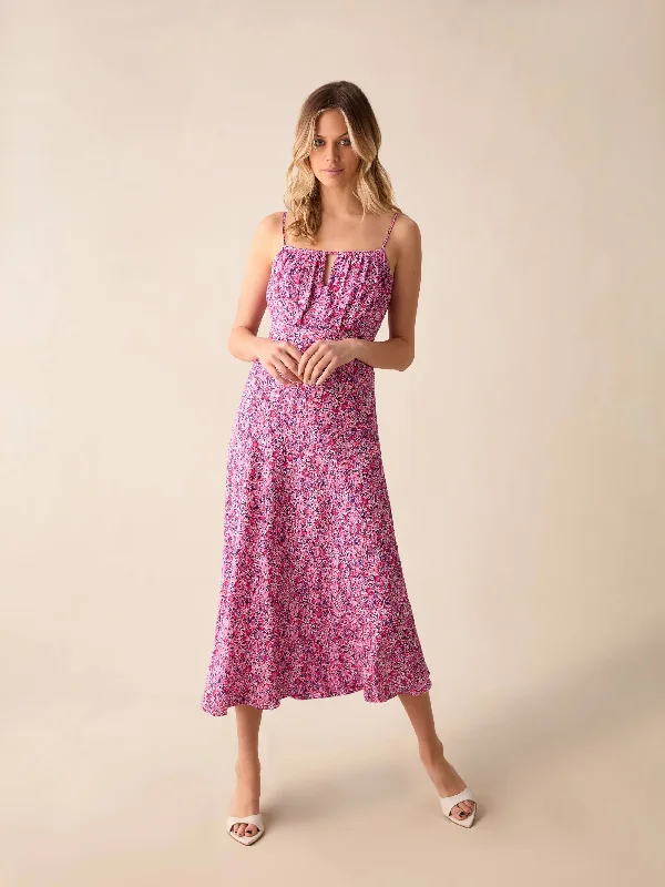 Pink Ditsy Print Keyhole Front Midi Dress Trendy Knit Midi Dress