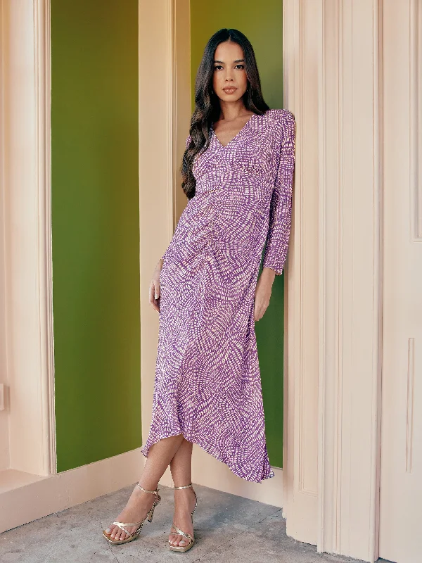 Purple Geo Print Ruched Front Midi Dress Elegant Maxi-Midi Hybrid Dress