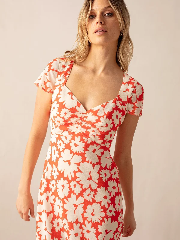 Red Daisy Print Sweetheart Neckline Midi Dress Stylish Animal Print Midi Dress