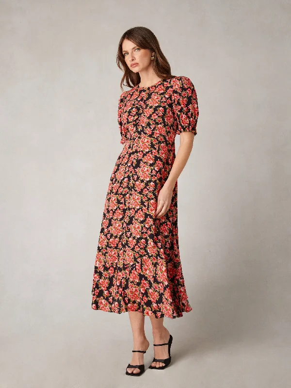 Red Rose Print Ruched Front Midi Dress Comfortable Button Front Midi Dress