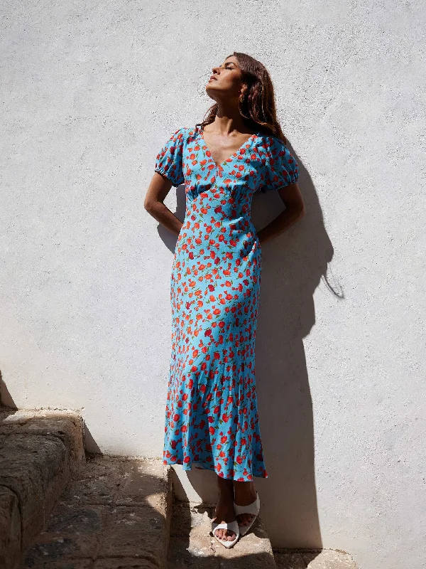 Red Tulip Print Puff Sleeve Midi Dress Elegant Satin Slip Midi Dress