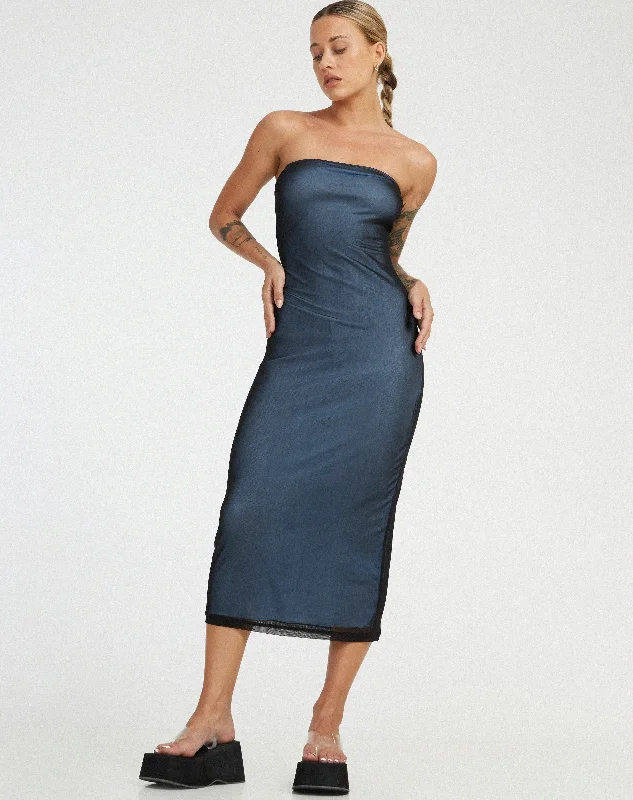 Rosbandi Midi Dress in Black with Baby Blue Lining Stylish Button-Up Midi Dress