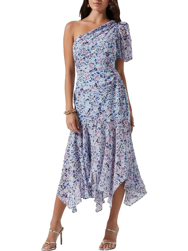 Santorini Womens Floral Calf Midi Dress Elegant Puff Sleeve Midi Dress