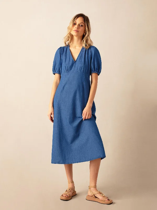 Denim Shirred Shoulder Midi Dress Comfortable Adjustable Strap Midi Dress