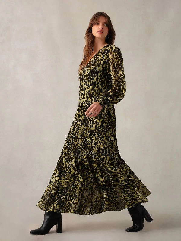 Soft Leopard Print V-Neck Midi Dress Comfortable Ribbed Midi Dress