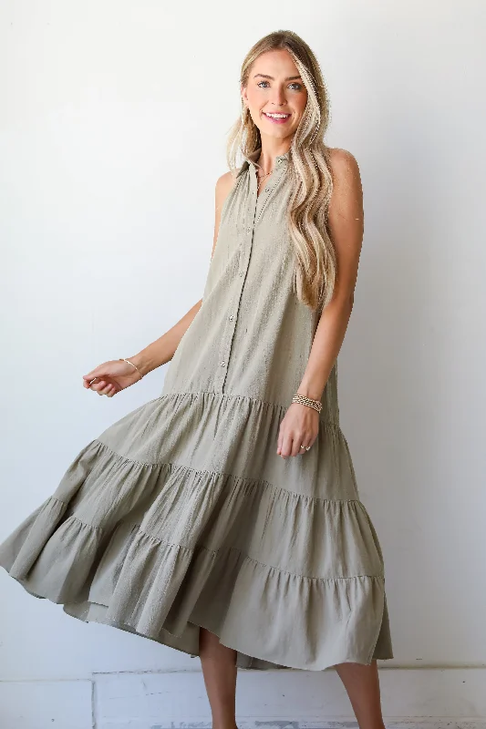 FINAL SALE - Sweet Destiny Light Olive Tiered Midi Dress Trendy Smocked Waist Midi Dress
