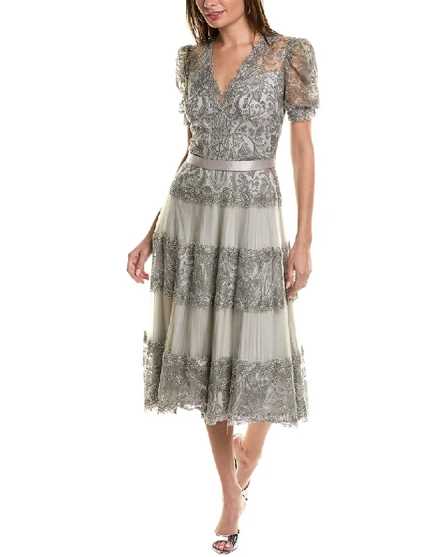 Tadashi Shoji Embroidered Lace Midi Dress Elegant Pleated Detail Midi Dress
